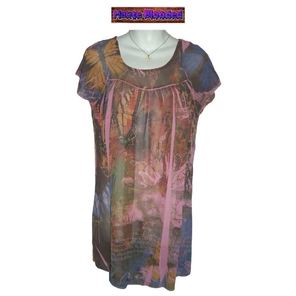 Vintage 90's Daniel Benjamin Pink Butterfly Sheer Sublimation Dress Retro y2k S - Picture 9 of 9